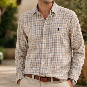 Ralph Lauren Blake Plaid Button Down Shirt Mens Medium Brown Tan Cotton Classic